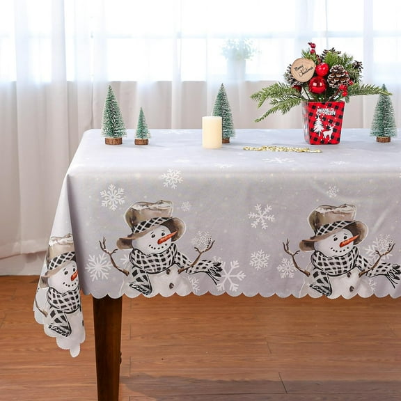 Christmas Tablecloth, Christmas Snowman Decor Table Cover Xmas Decorations for Home Winter Holiday Grey Scallop Edge Party Table Decorations 60 x 84 Inch