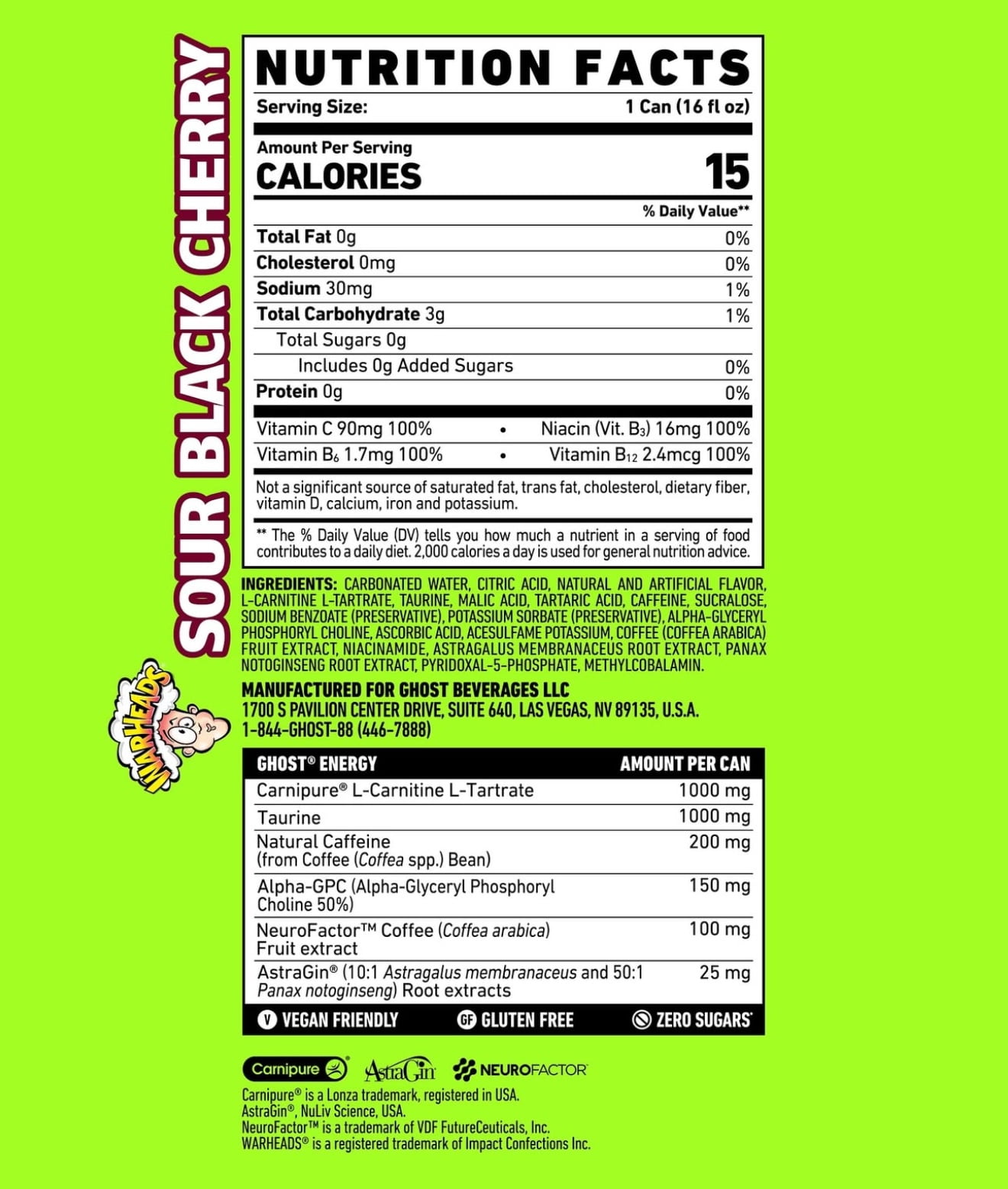 GHOST® ENERGY Zero Sugars Energy Drink, WARHEADS® Sour Black Cherry, 16 fl oz Can