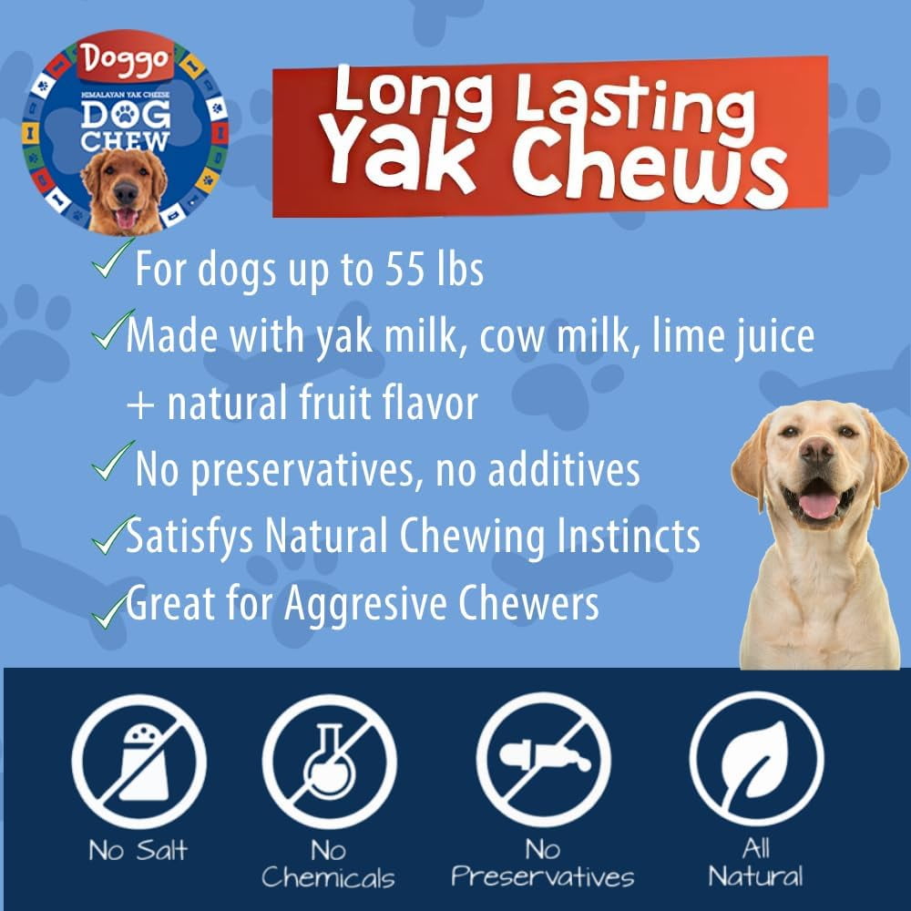 Doggo Dog Chew Shelf-Stable Natural Coconut Flavor Yak Chews for Dogs, Long-Lasting, Large, 5 Pound, 23 Pieces