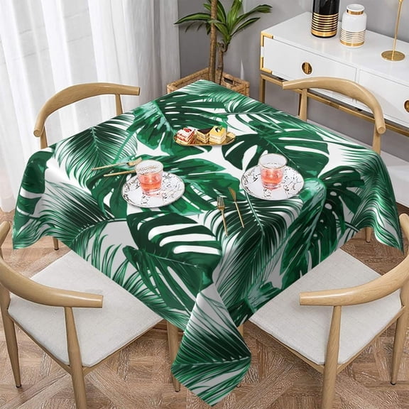 Summer Tropical Palm Leaf Tablecloth Square 60"x60" Vinyl Watercolor Spring Green Leaves Table Cloth Waterproof Fabric Hawaiian Outdoor Tablecloths Decorative for Holiday Home Party Wedding Picnic