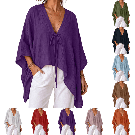 PEIBang Women's Solid Tie Front Poncho Blouse,Deep V Neck Batwing 3/4 Sleeve Loose Irregular Hem Top for Vacation Outfits