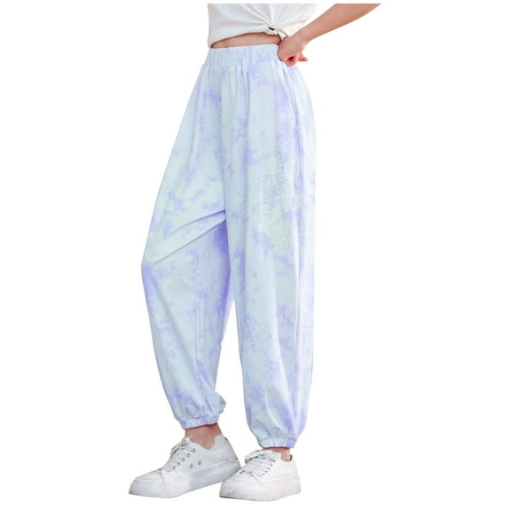 XUNKUSGA Middle to Big Girls Sweatpants Fashion Tie-Dye Baggy Joggers Pants with Pockets Lightweight Ice Silk Mosquito Proof Wide Leg Sweatpants 6-15 Years