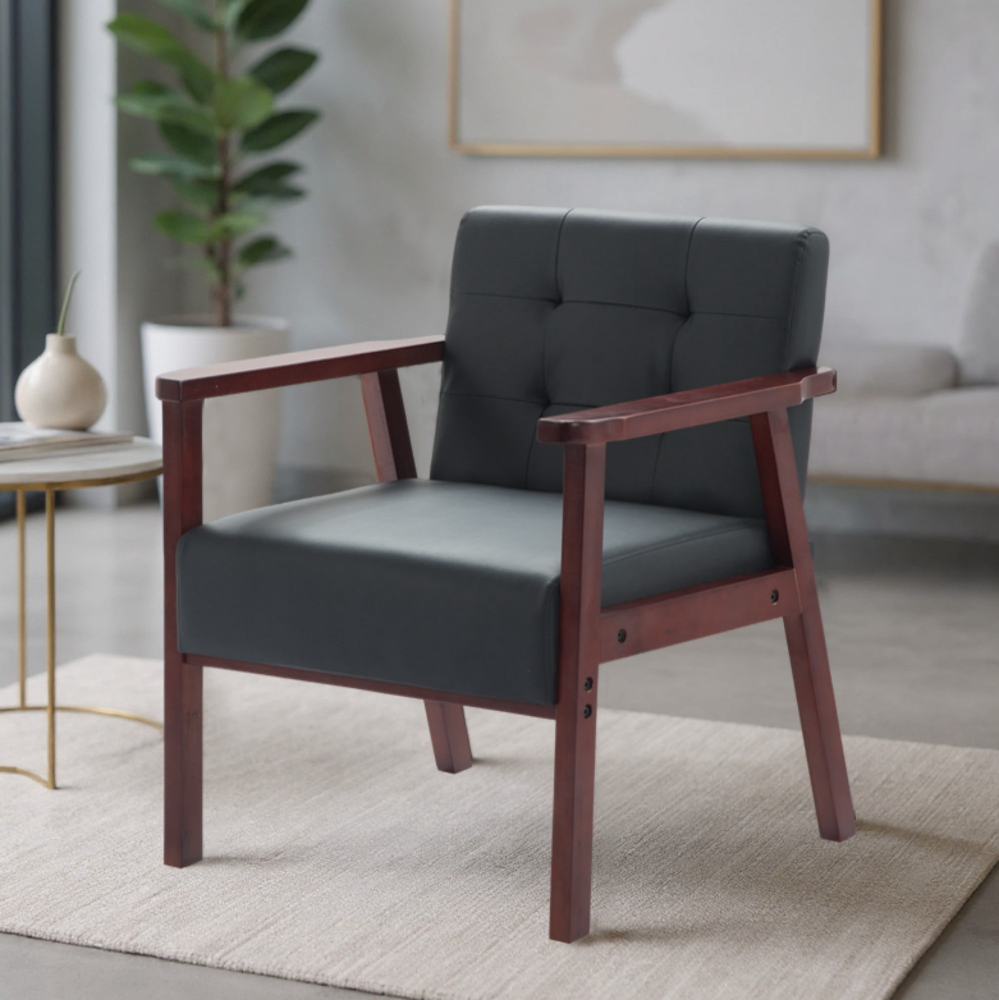 Gewnee Black PU Wood Frame Accent Armchair, Sturdy Cedar Legs, High-Density Foam Seat, Non-Slip Pads, Easy Assembly, for Living Room Bedroom Office