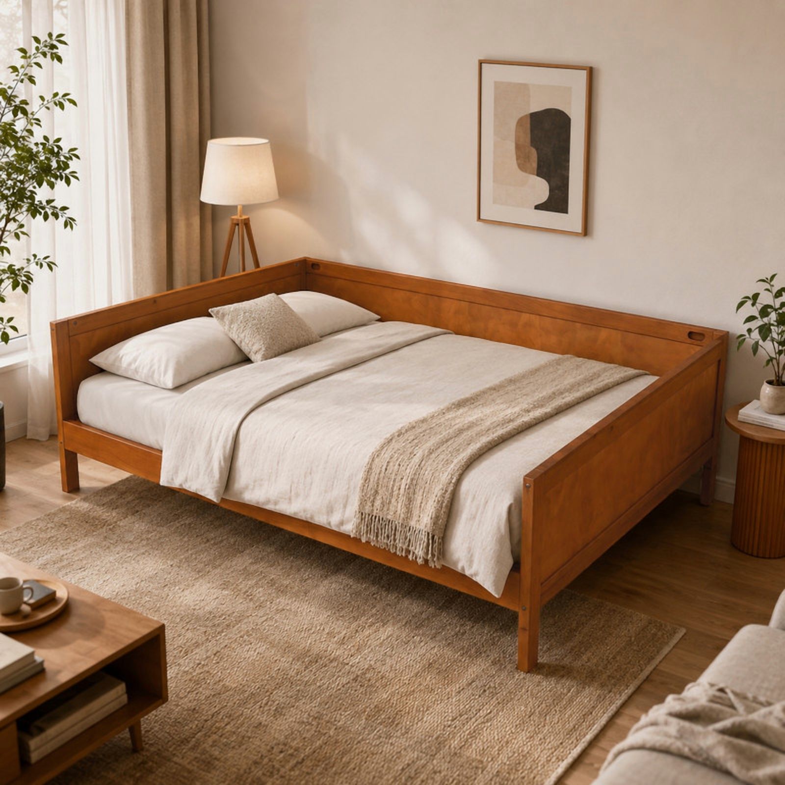 Euroco Wood Full Size Daybed, Sofa Bed with Slats, No Box Spring Needed, Walnut