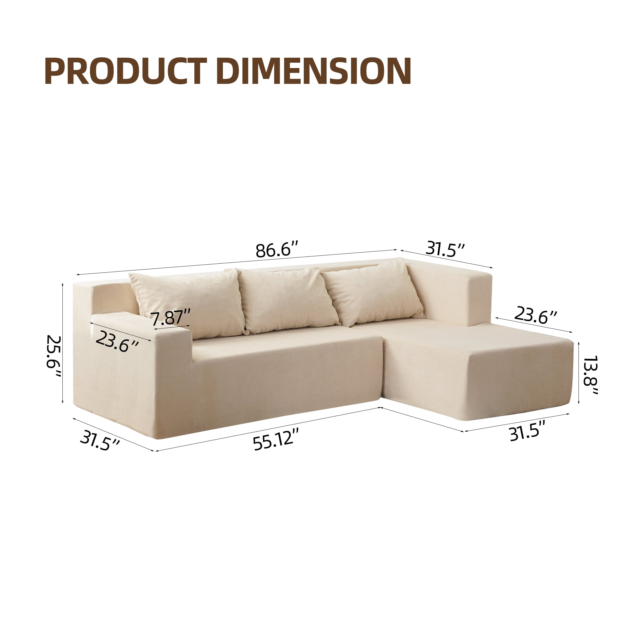 Aukfa 86.6" Modular Sectional Sofa, Sponge Sleeper Sofa Couch, L-Shape Free Combination Sofa Set with 3 Pillows, Beige