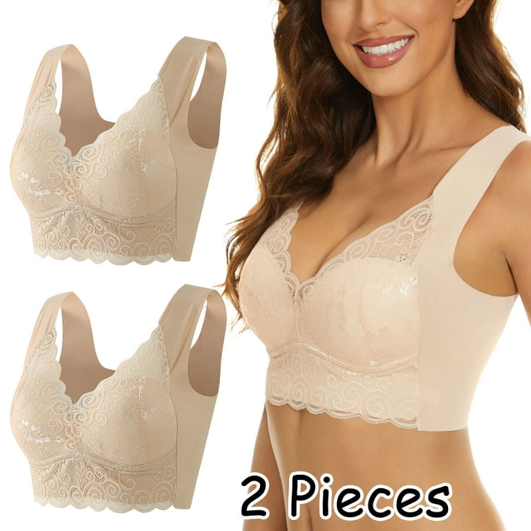 Underoutfit Bras for Women Wirefree Push-Up Seamless Bra Solid Print Beige  L 2-Pack 