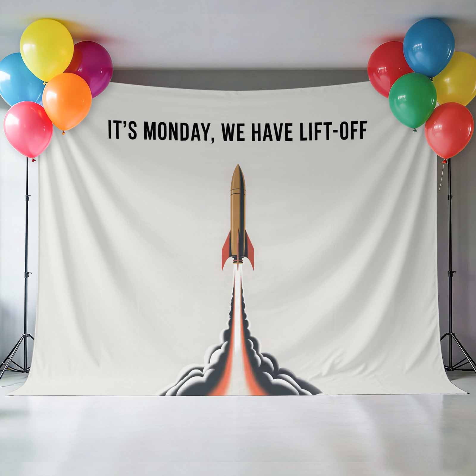 Rockets Launch Photography Backdrop 7x5FT, Letters IT'S MONDAY WE HAVE LIFT-OFF Grey Photo Backdrops, Background for Photography Studio Photo Studio Background, Back Drop for Photoshoot