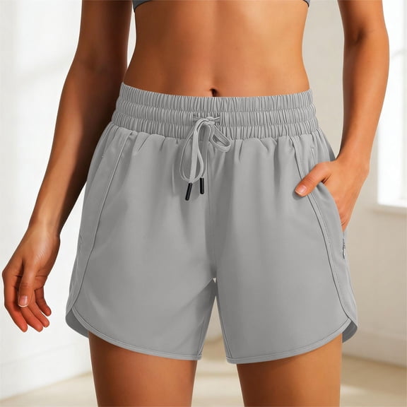 Oiangi Womens Running Shorts Quick Dry Workout Shorts Elastic Waist Lightweight Boxers with Zipper Pockets Gray M