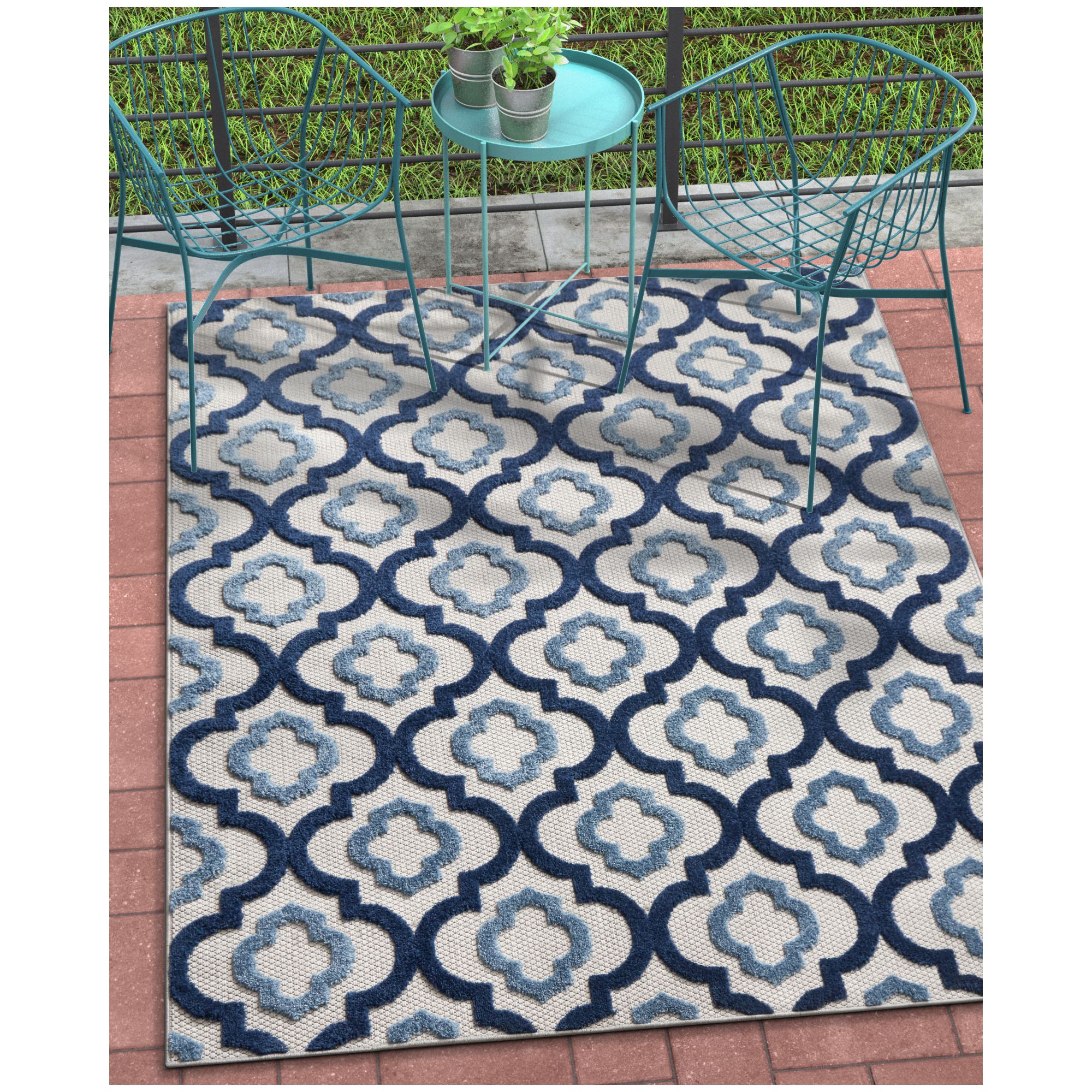 Tangier Blue Indoor/Outdoor Moroccan Trellis Area Rug High Traffic