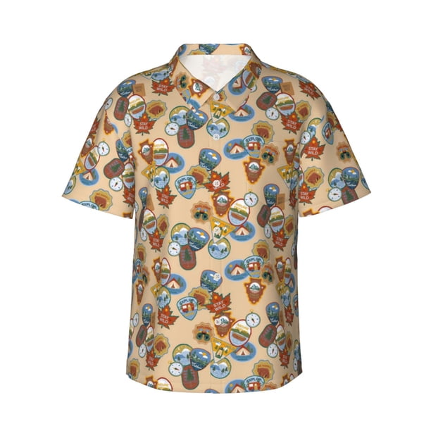 Balery Camp Badge Camisas hawaianas de manga corta para hombre, camisas playeras de corte holgado, camisas de vacaciones con botones,3X-Large