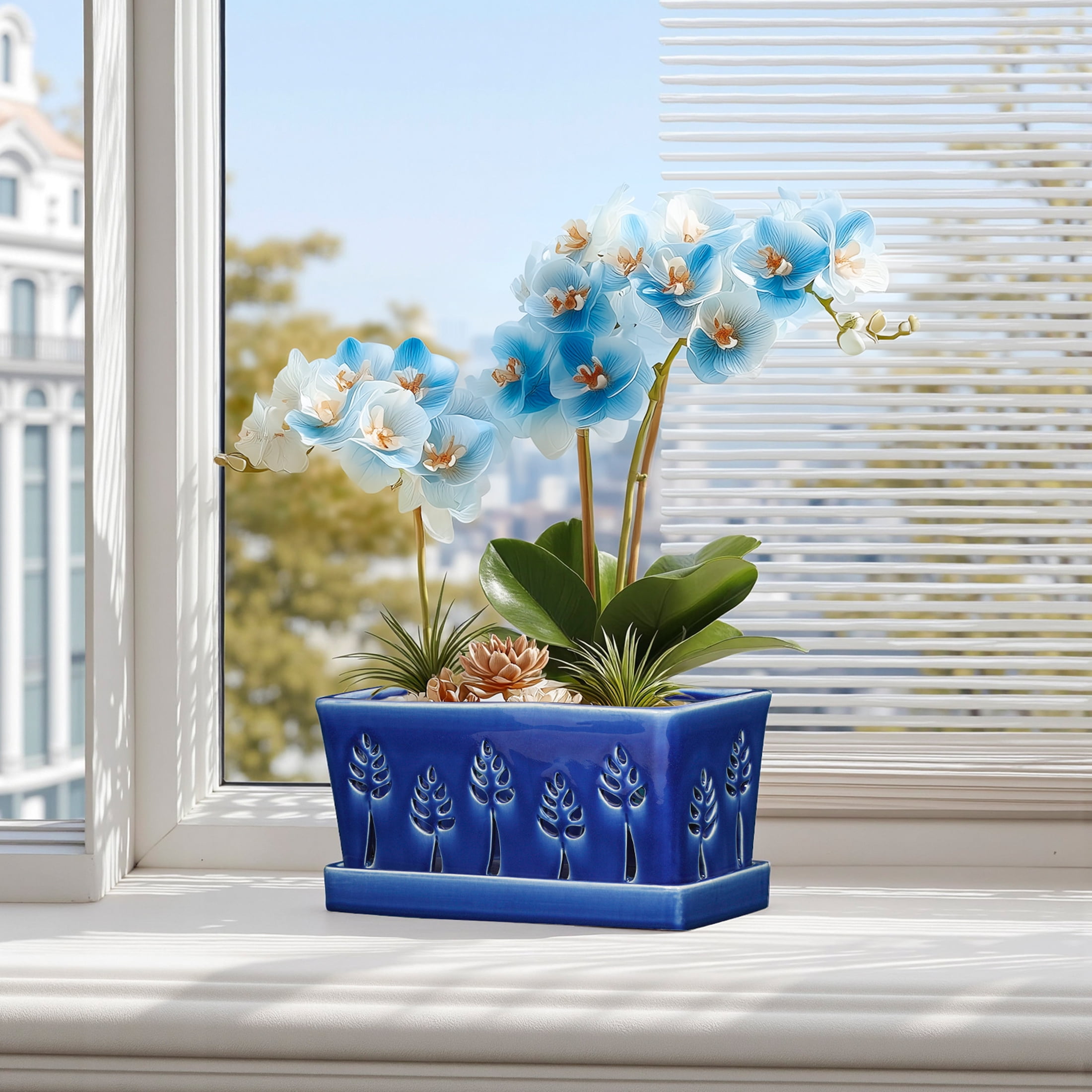 Ceramic orchid pot with holes,10×5 inch, premium thickened Handmade blue Glazed Pot with drainage and tray, accommodates 2 orchids,easy repotting