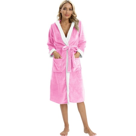 

Baozhu Womens Hooded Plush Robe Soft Thick Warm Fleece Bathrobe Cozy Warm House Coat with Pockets M/US 8Pink