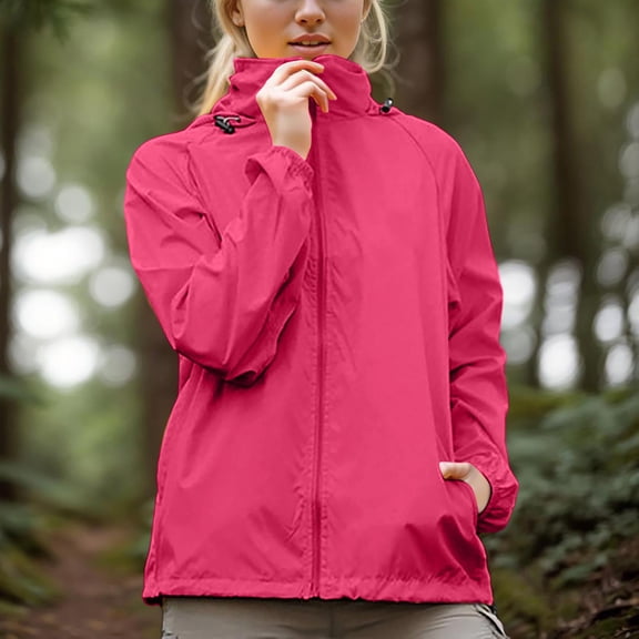 Women Packable Hooded Windbreaker Jacket, Water Resistant Full Zip Rain Coat, Adjustable Drawstring Cuffs & Hem Casual Outdoor Outerwear with Pockets Black,L