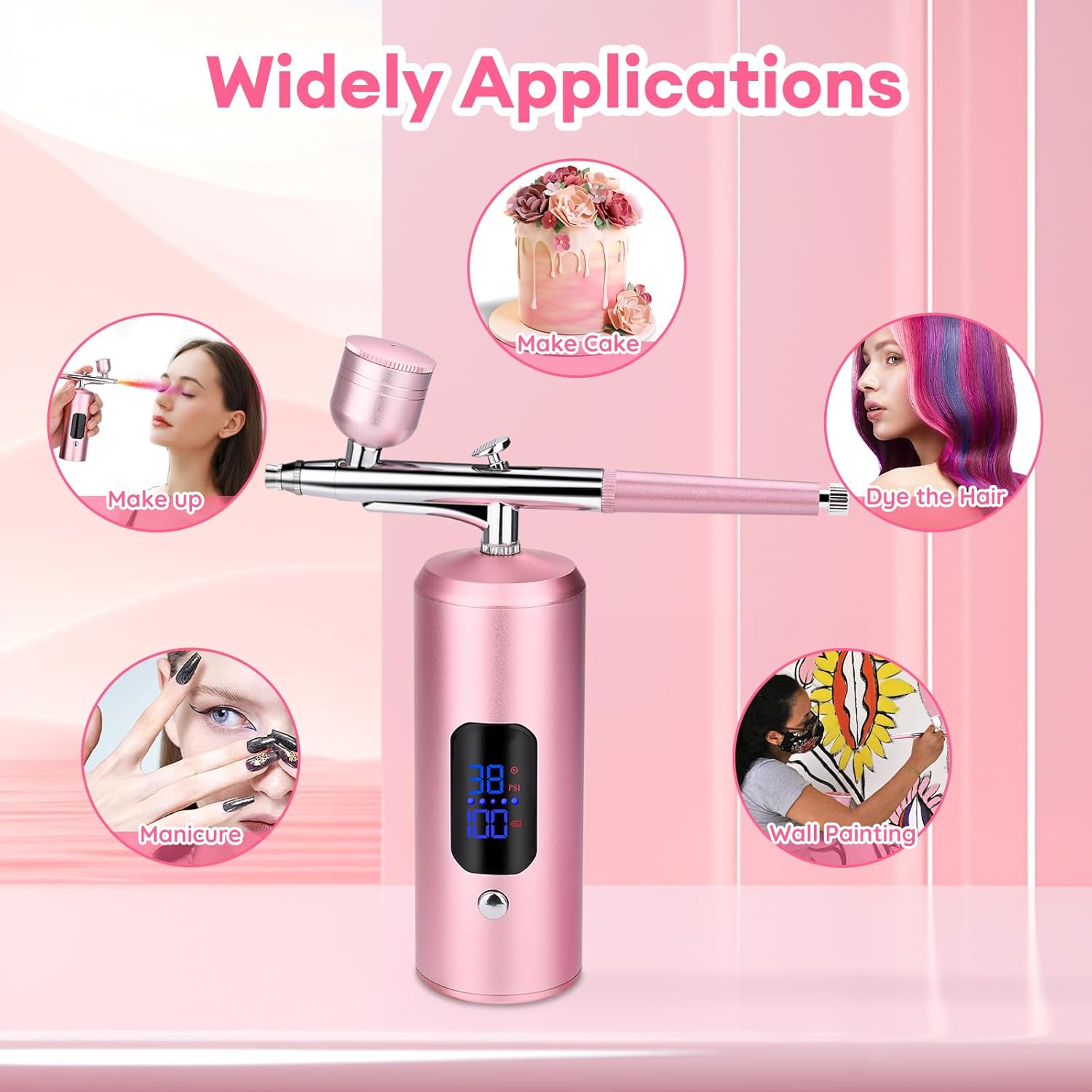 Airbrush Kit with Compressor, LED Display, Great for Painting, Modeling, Cake Decorating, Makeup, Nail Art、DIY (Pink)
