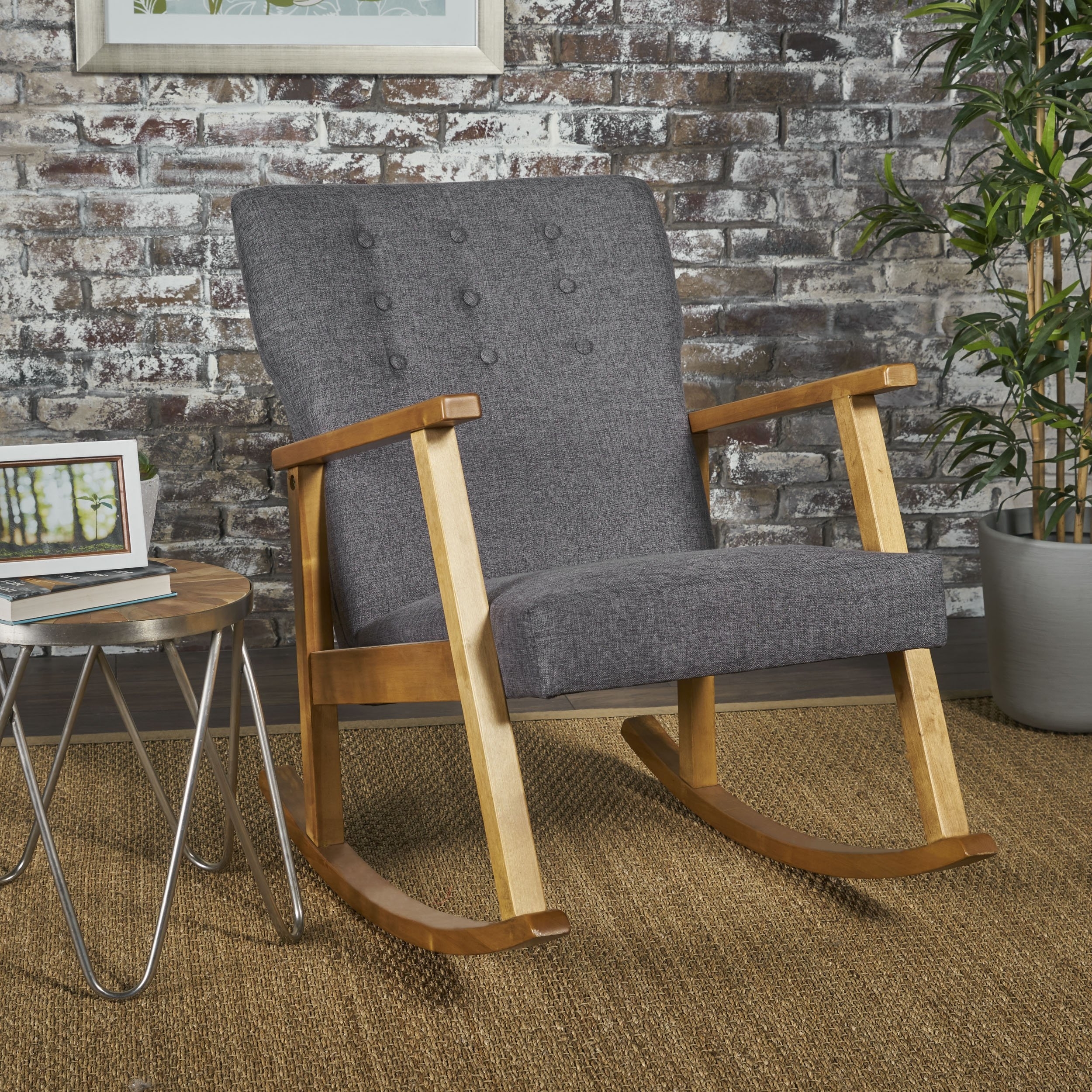 Hank Mid Century Modern Fabric Rocking Chair, Muted Blue and Light Walnut