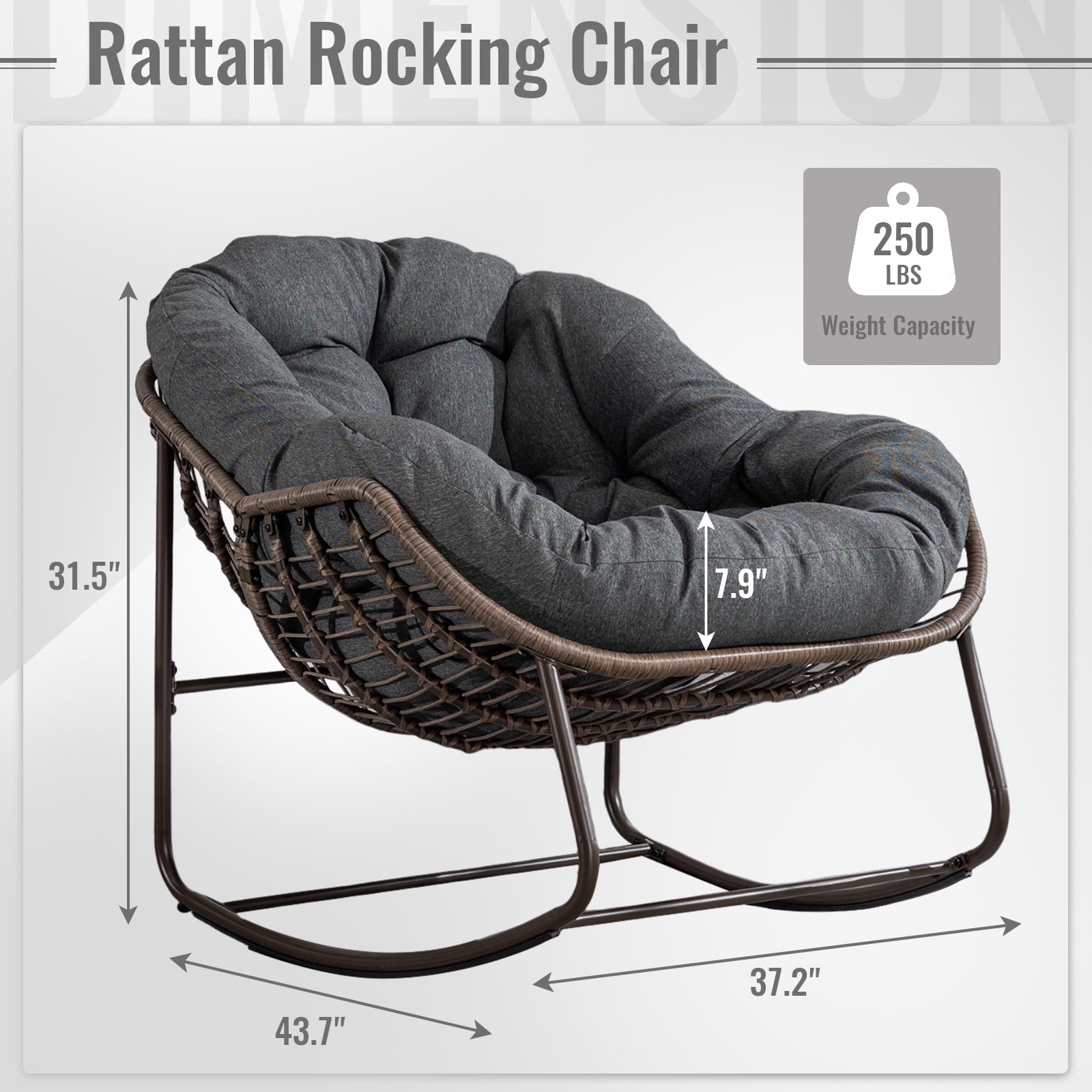 Indoor/Patio Rocking Chair, Oversized Rattan Egg Chair with Steel Frame & Padded Cushion