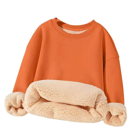 Girls Fleece Fall Clothess Sherpa Lined Sweatshirts Kids Boy Girl Thermal Winter Warm Pullover Crew Neck Faux Fur Long Sleeve Plain Casual Thick Fuzzy Fluffy Sweatshirt Orange 13 Years