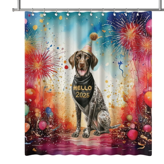Hello 2025 German Shorthaired Pointer Celebrates Happy New Year Firework Balloon Shower Curtain GSP Lover Dog Gift Waterproof Bathroom Bathtub Curtain - 02024