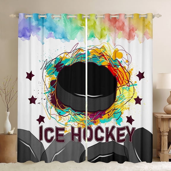 Feelyou Ice Hockey Sport Curtains Pack of 2 (42x84 Each), Fashion Watercolor Art Curtains Blackout, Teens Kids Boys Girls Bedroom Curtains, Blackout Curtains Bedroom Decor