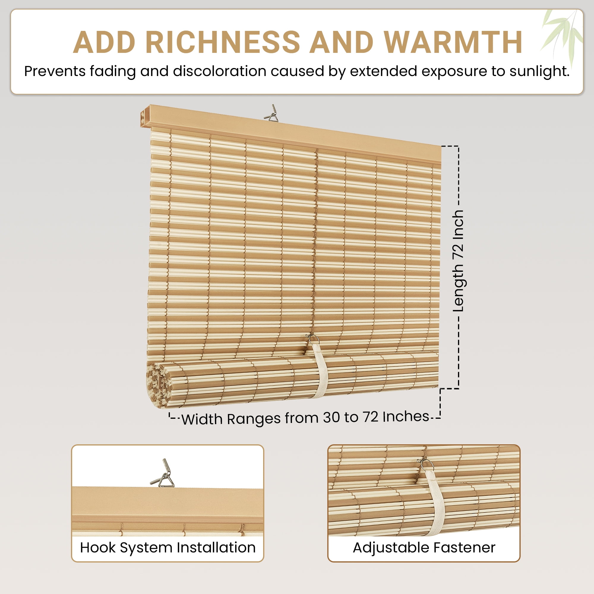 PowerSellerUSA Oval Cordless Blinds, Roll-Up Roller Shades for Windows and Doors, Light Filtering and Shades Privacy Window Treatment for Home - 30" (Width) x 72" (Length) Beige