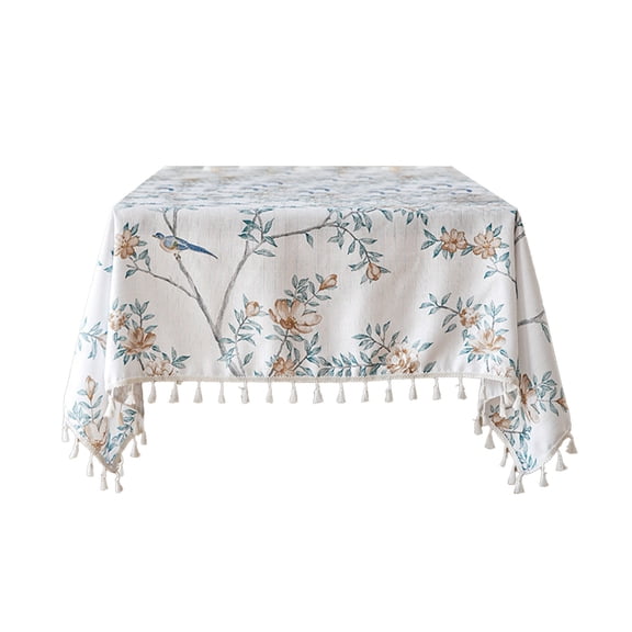 Tassel Floral and Birds Print Tablecloth, 135x100cm Faux Linen Rectangular Dining Table Cover, Stain and Water Resistant Polyester Tablecloth, for Dining Table and Coffee Table Decor