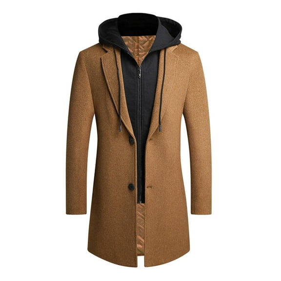Men Winter Overcoat Fake Two Piece Wool Long Sleeves Mid Length Zipper Warm Formal Plus Size Detachable Hat Winter Coat for Daily Wear