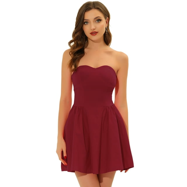 Fiesde las mujeres sin tirantes con cremalleexpuessólido mini vestido de tubo acampanado Vino Rojo S