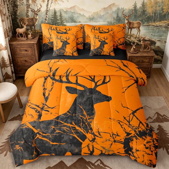 Castle Fairy Teens Animal Deer 7-Piece Twin Bedding,Watercolor Tree Branches Bedding Comforter Set,Orange Black,Black Reversible