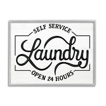 Self Service Laundry Open Sign Typography Graphic Art Gray Framed Art Print Wall Art