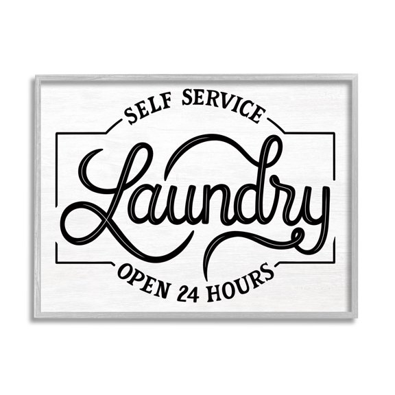 Self Service Laundry Open Sign Typography Graphic Art Gray Framed Art Print Wall Art