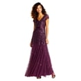 thumbnail image 1 of Adrianna Papell Robe Longue Perlée à Col en V pour Femmes avec Manches Courtes et Ceinture, Cassis, 12, 1 of 3
