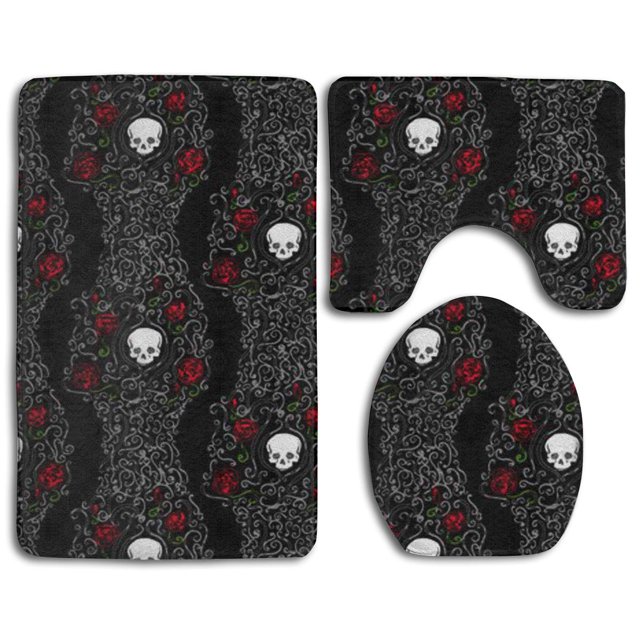 ABPHQTO Flor de esqueleto Juego de alfombras de baño de 3 piezas Alfombra de baño Alfombra de contorno y tapa de inodoro