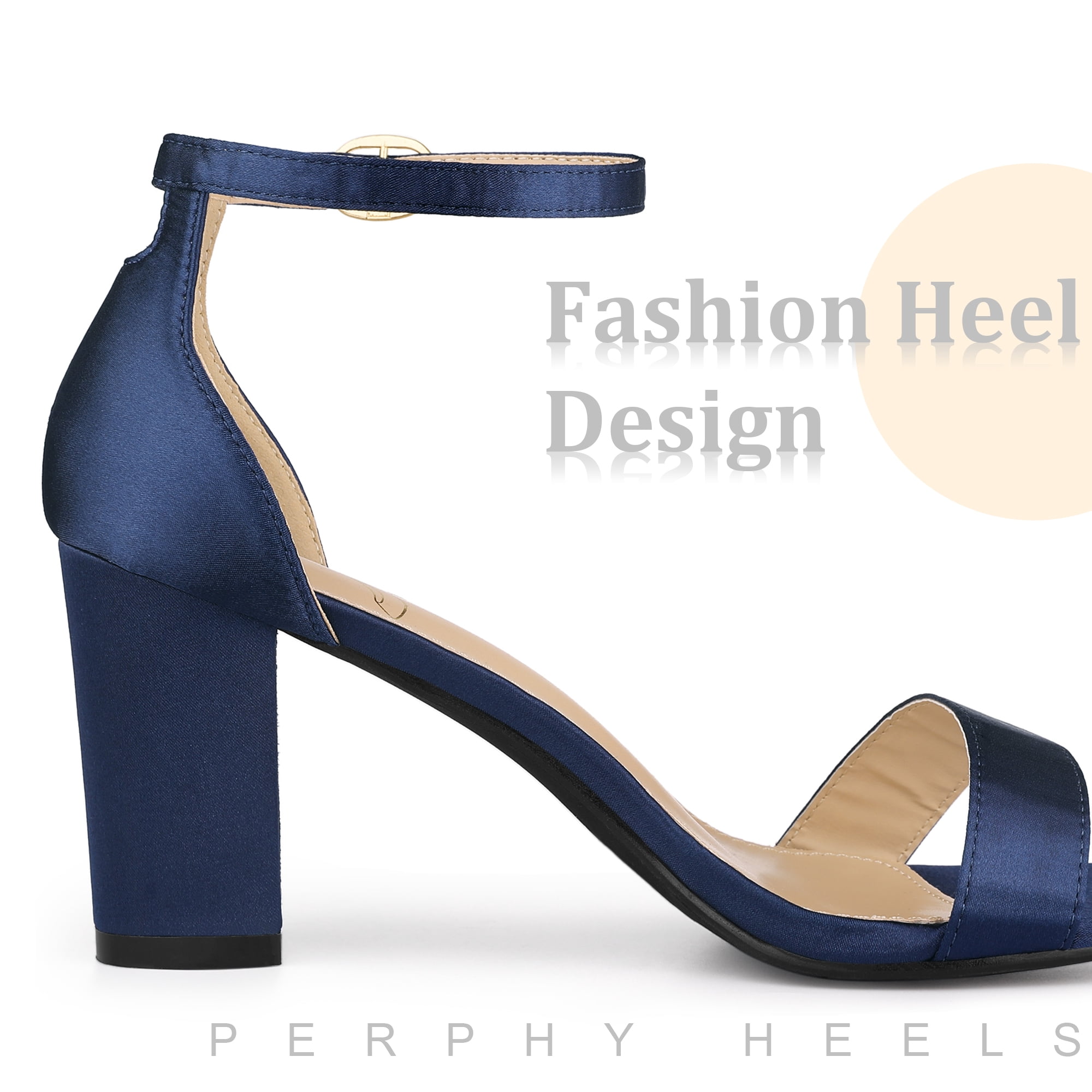 Unique Bargains Women's Open Toe High Heel Ankle Strap Satin Block Heels Sandals Navy Blue 9.5
