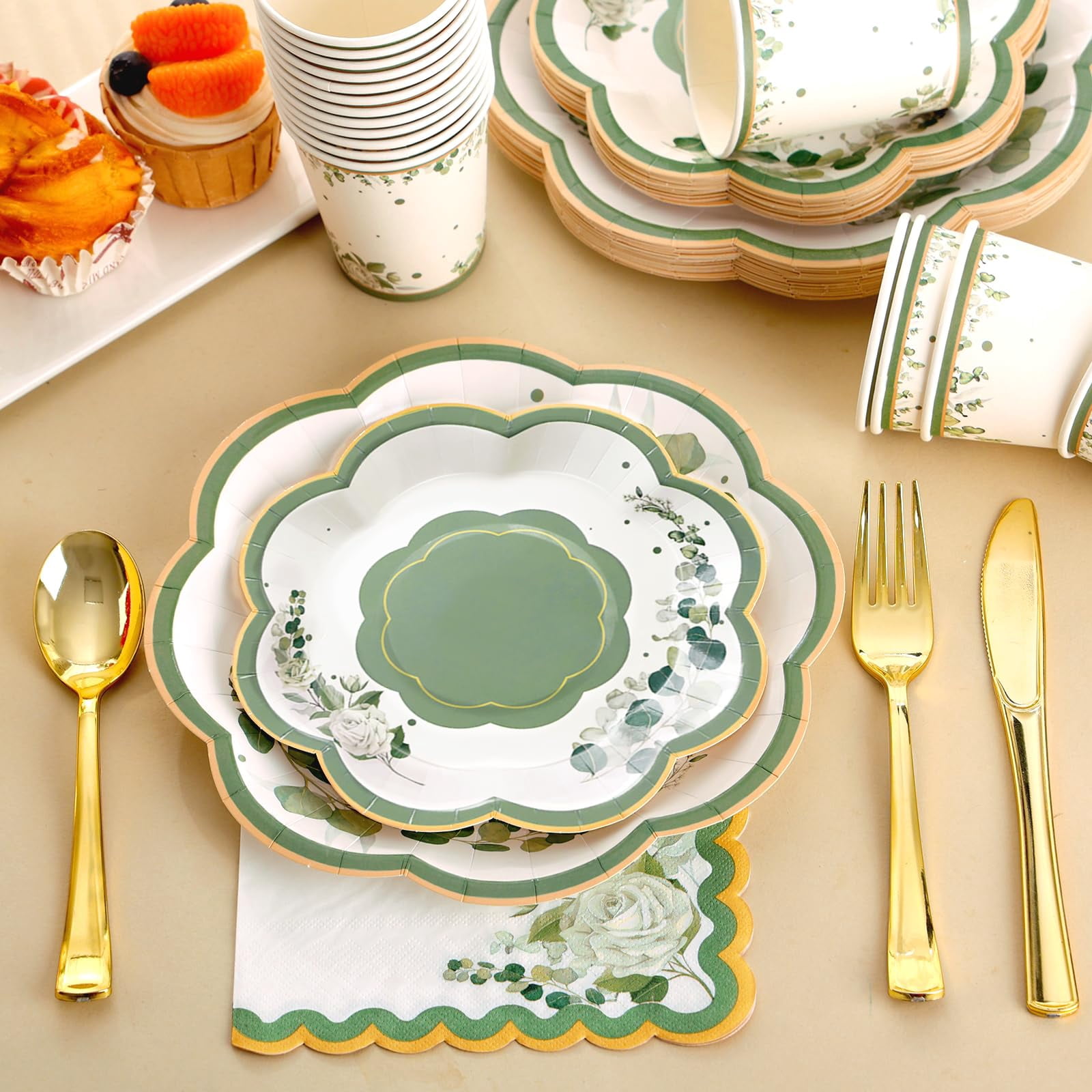 175 Pcs Sage Green Party Decorations, AFN1Sage Green Paper Plates, Bridal Shower Plates and Napkins Sets for Garden Birthday Baby Shower Baptism Party Decorations, Serves 25