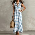 thumbnail image 6 of Women Summer Sleeveless Plaid Maxi Dress Lapel Collar Half-Button Side Pockets Loose Beach Vacation Outfit Light Blue XL(XL), 6 of 7