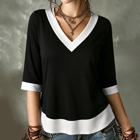 Warop Women's Summer Color Block V Neck 3/4 Sleeve Top Contrast Cuff Hem Casual Loose Tee Blouse for Daily Outing