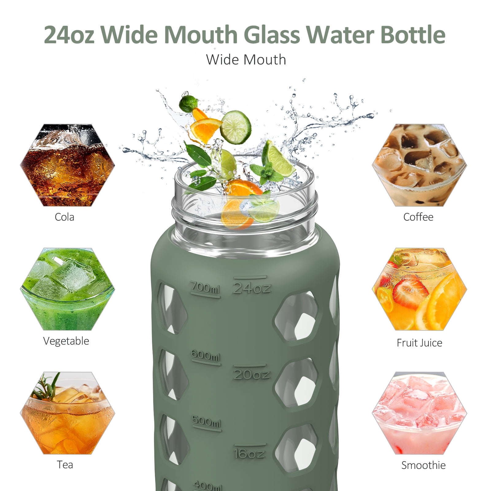 MUKOKO 24oz Glass Water Bottle, Motivational Water Tumbler with 2 Lids and Straw, Time Marker Silicone Sleeve, Olive