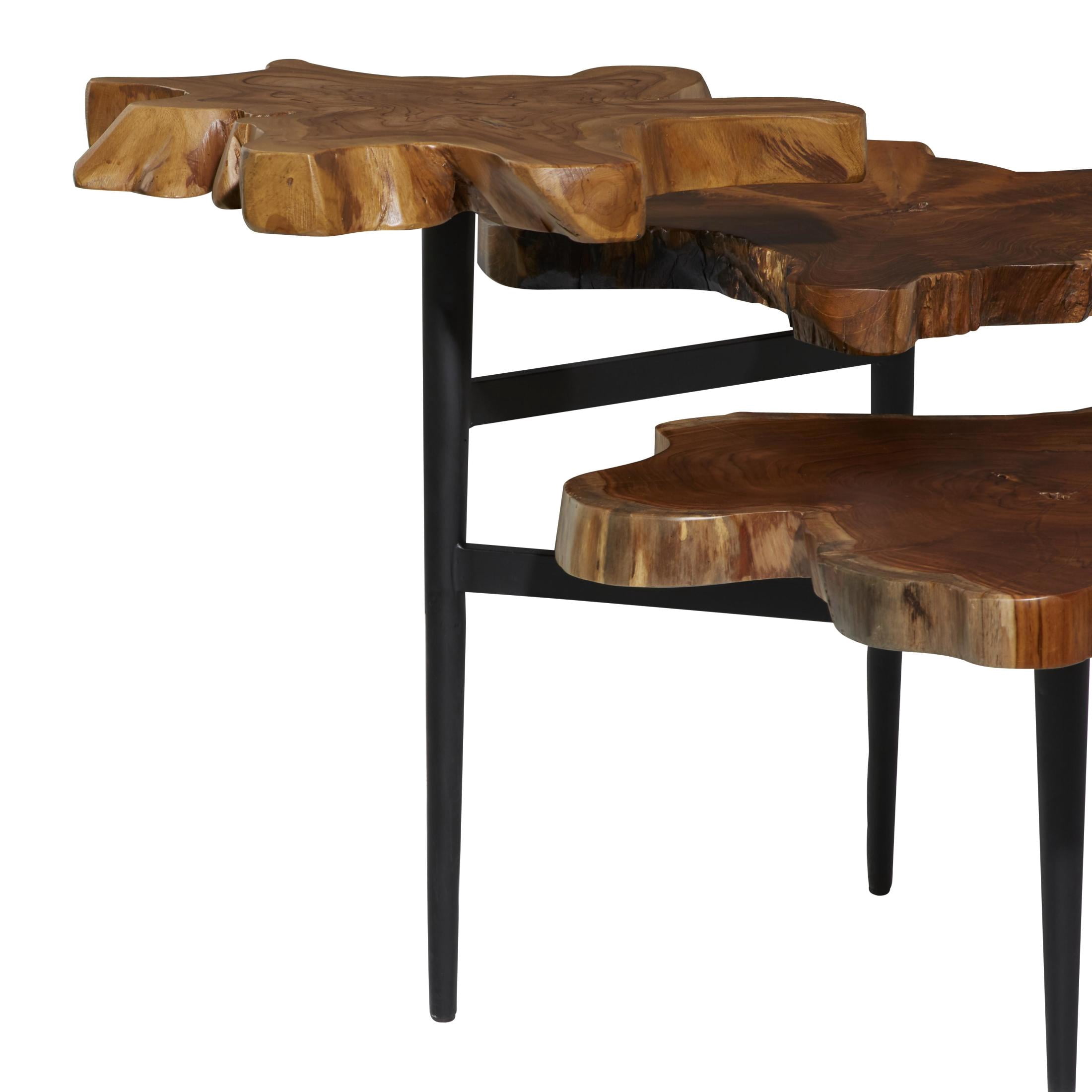 DecMode 32" x 24" Brown Teak Wood Handmade Live Edge 3 Tier Accent Table with Black Metal Base, 1-Piece