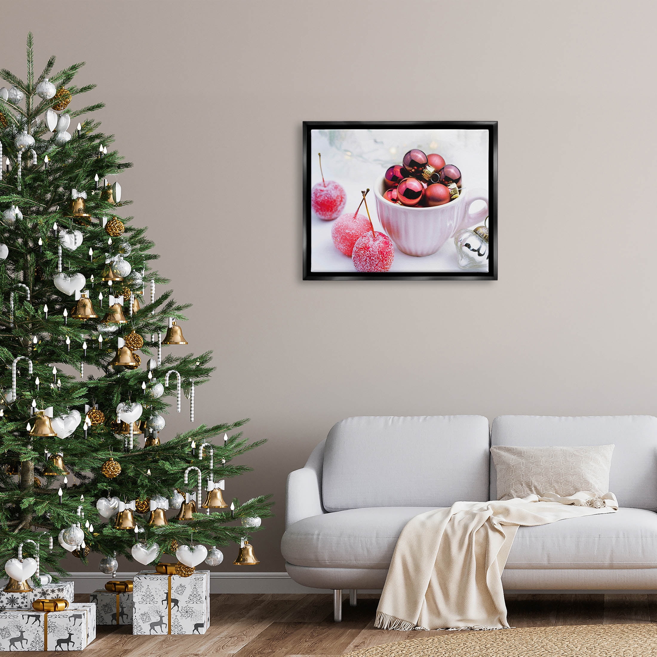 Gleaming Red Christmas Ornaments Holiday Photograph Jet Black Framed Art Print Wall Art