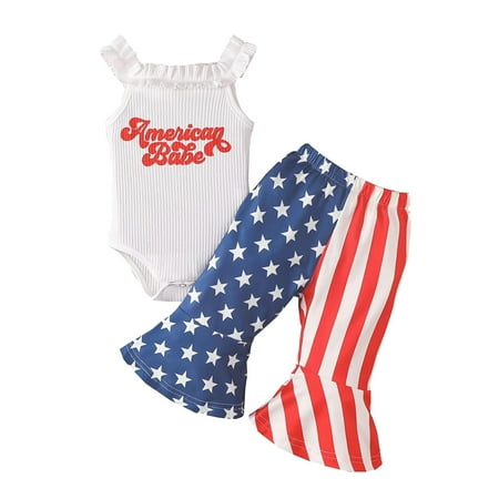 

BSDHBS Girls Outfits Girls Sleeveless Independence Day 4th Of July Letter Printed Ribbed Romper Bodysuits Bell Bottoms Pants Outfits