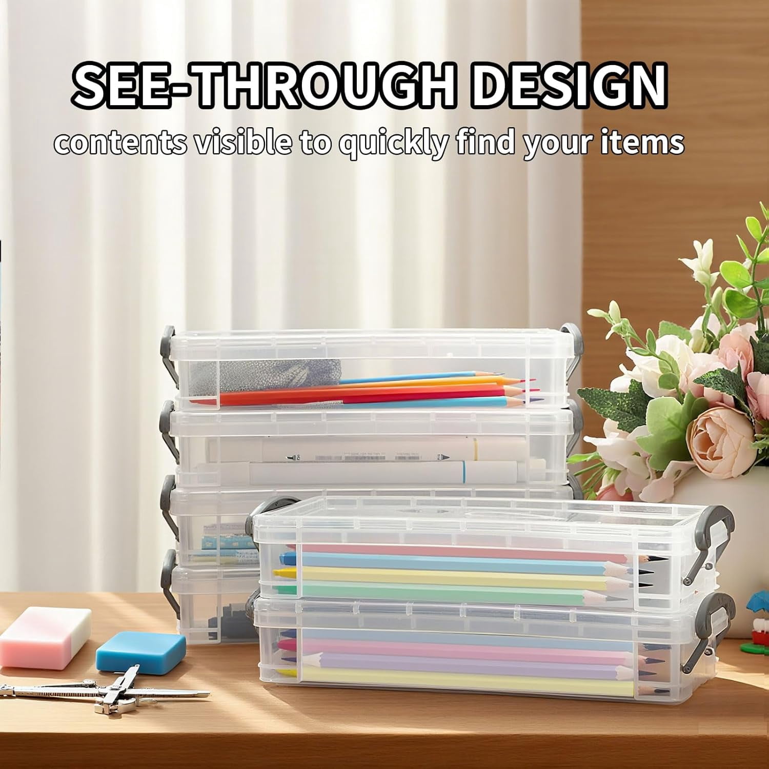 Pencil Case Plastic Pouch Box Storage Organizer For Beads, Pens, And Art Supplies, Stackable Clear Container With Snap Lid For Jewelry, Stickers And Tackle Box (21 X 10 X 4cm, 8 Pack)