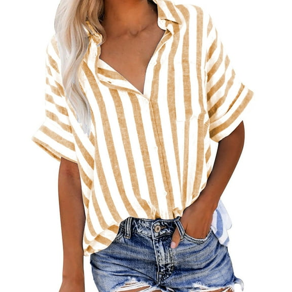 Fouhkni Women Plus Size Button down Shirts Short Sleeve Collared Trendy Striped Vacation Work Blouses