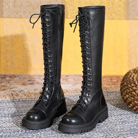 

Women‘s Round Toe Lace Up High Boots Thigh High Boots Thick Bottom Side Zipper Shoes Women‘s Footwear