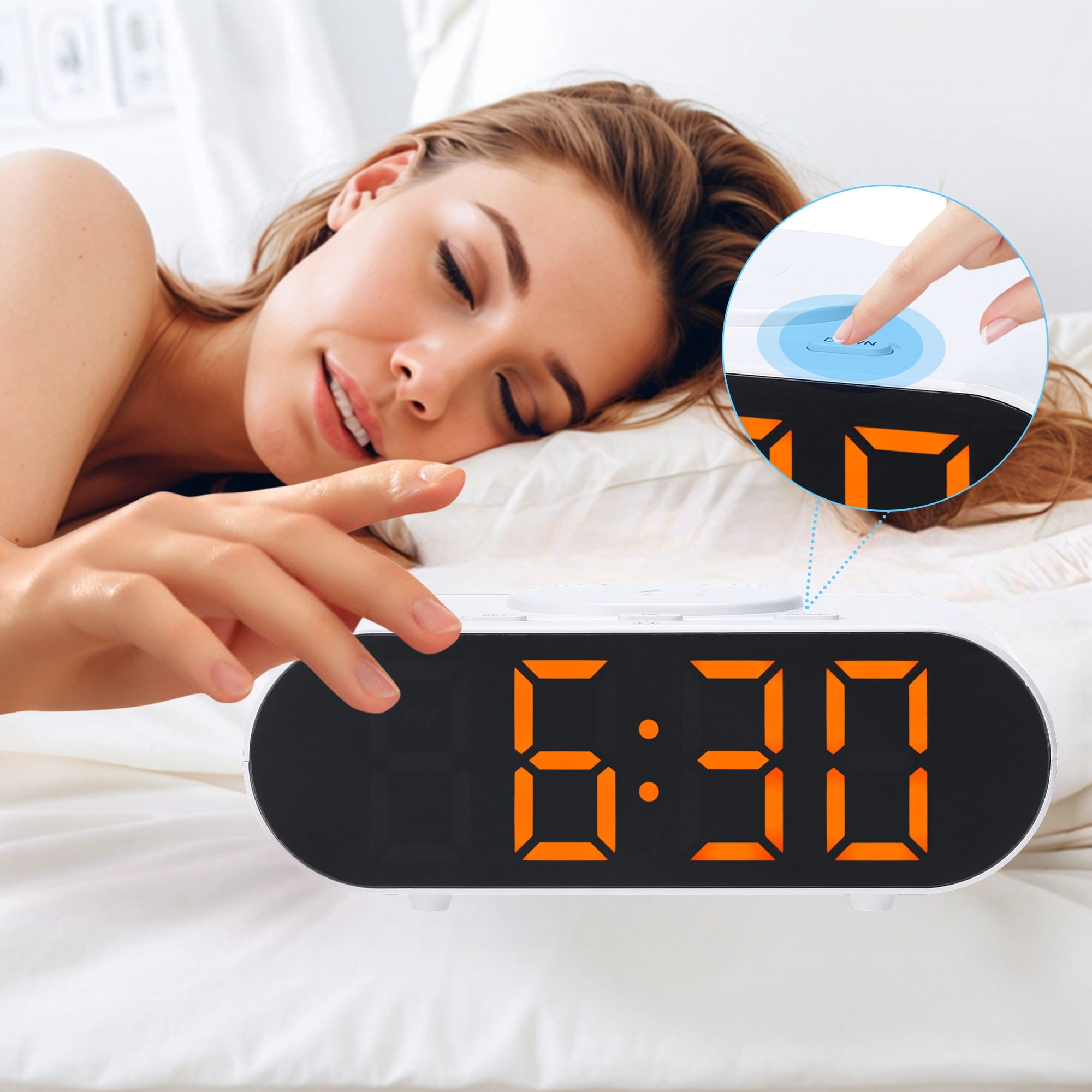 REGALWOVEN Oval Alarm Clock with Nightlight, Dimmable, 12/24H,USB Port, Wireless Charging, Decorate for Bedroom 7.1 x 3.1 x 2.4 inch Orange