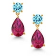 thumbnail image 2 of Gem Stone King 18K Yellow Gold Plated Silver Red Created Ruby and Blue Apatite Teardrop Dangle Drop Earrings for Women (8.60 Cttw, Gemstone Birthstone, Pear Shape 12x8MM, Round 6MM), 2 of 4