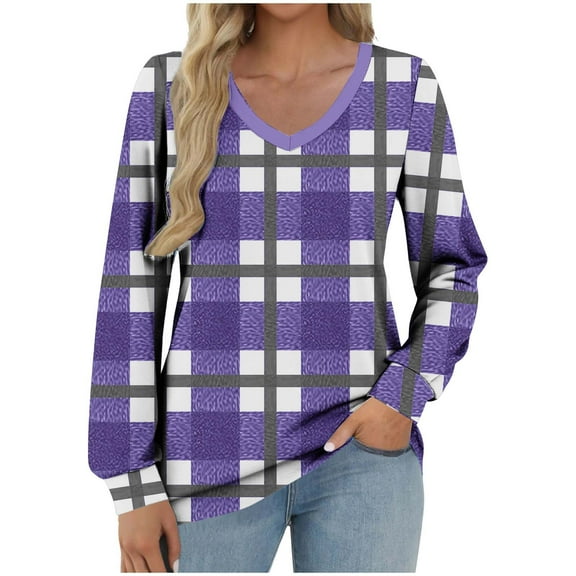 HAiming Womens Long Sleeve Plaid Shirt V Neck Pullover Casual Tops Blouse Fall Winter Trendy Clothes