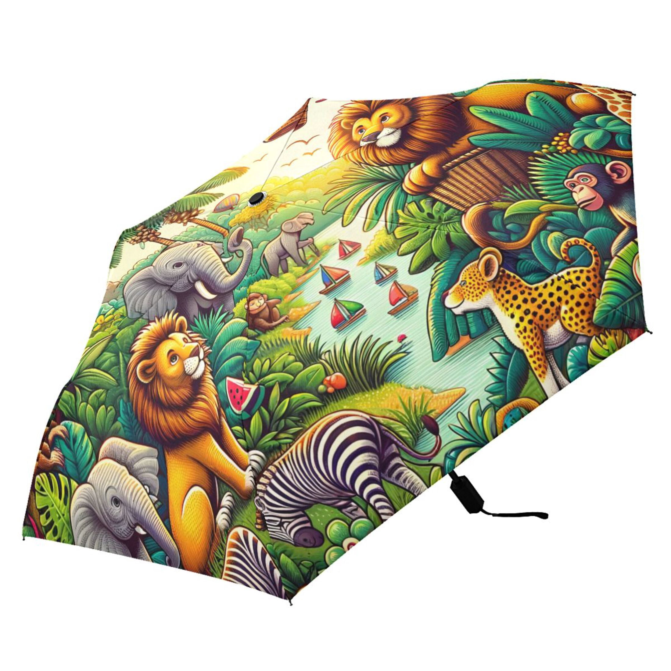 Jungle Animals and Hot Air Balloon Compact Sun Umbrella Windproof Travel Umbrellas for Rain Strong Portable UV Protection