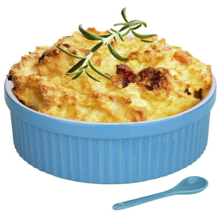 Souffle Dish Ramekins for Baking – 64 Oz, 2 Quart Large Ceramic Oven Safe Round Fluted Bowl with Mini Condiment Spoon for Soufflé Pot Pie Casserole Pasta Roasted Vegetables Baked Desser