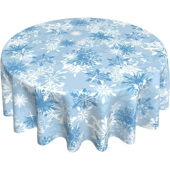 Nappe Ronde Flocon de Neige de Noël 60 Pouces Bleu et Blanc Décoration de Nouvel An Nappe de Vacances Neige Hiver Tissu Polyester Lavable pour Maison Cuisine Fête en Plein Air