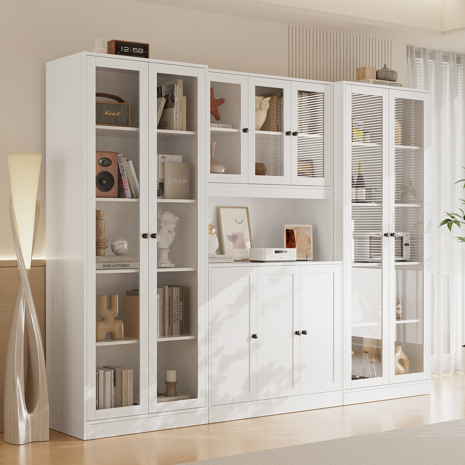 RichYa 71"H Display Cabinet with Glass Doors,5 Tier Kitchen Pantry Cabinet with Shelves for Dining Room,Living Room,C(White)